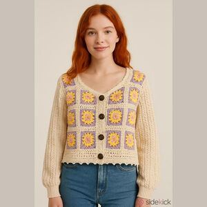 POL Cream Multicolor Crochet Knit Cardigan - Small
